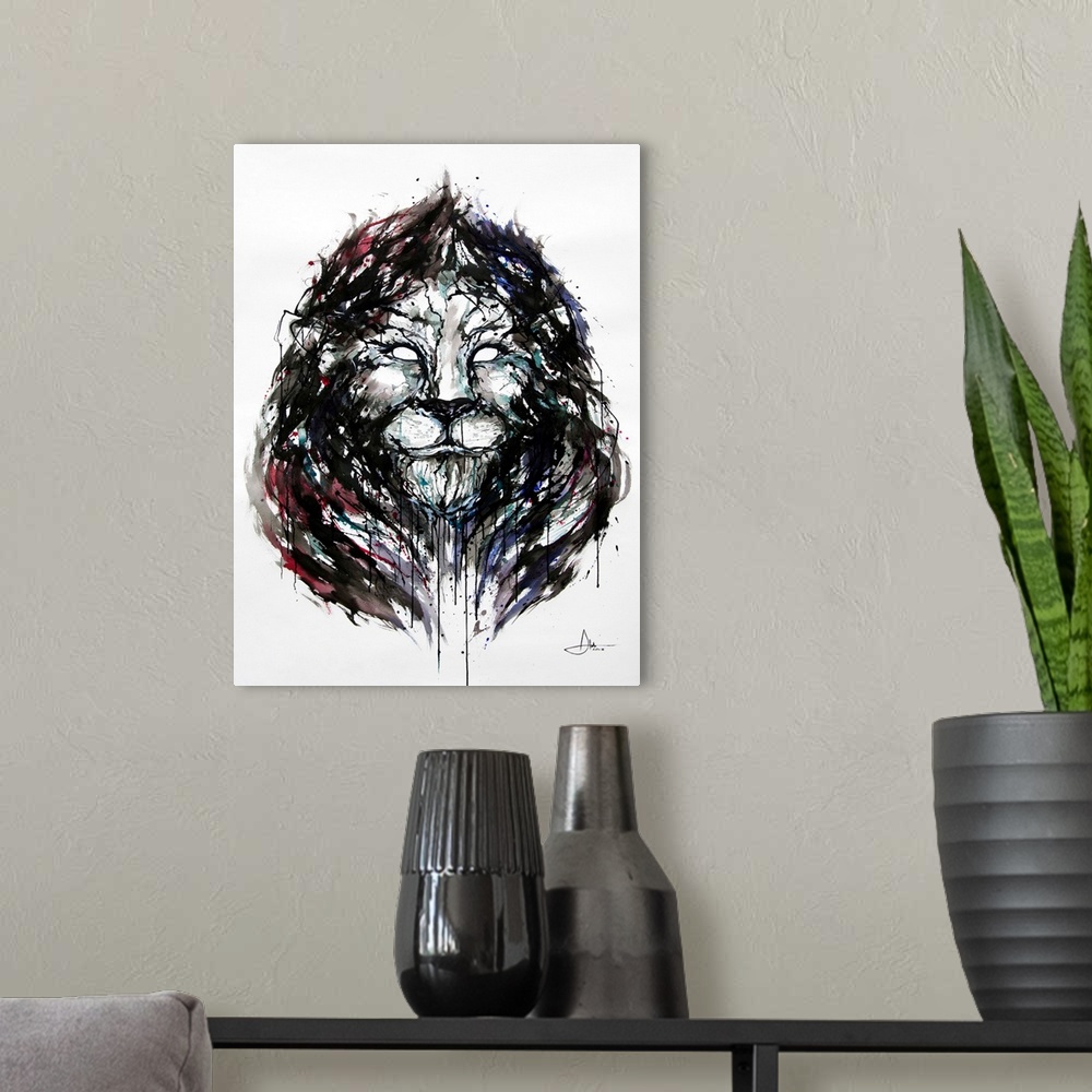 A modern room featuring Watercolor and ink painting of a lion's face with a large mane.