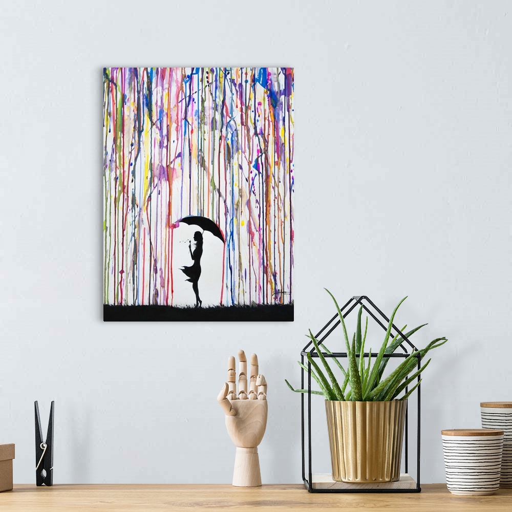 A bohemian room featuring Watercolor and ink painting of a silhouetted woman with an umbrella under colorful rain.