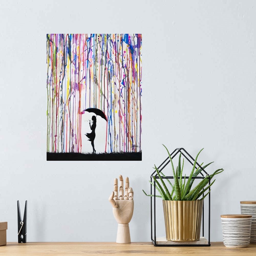 A bohemian room featuring Watercolor and ink painting of a silhouetted woman with an umbrella under colorful rain.
