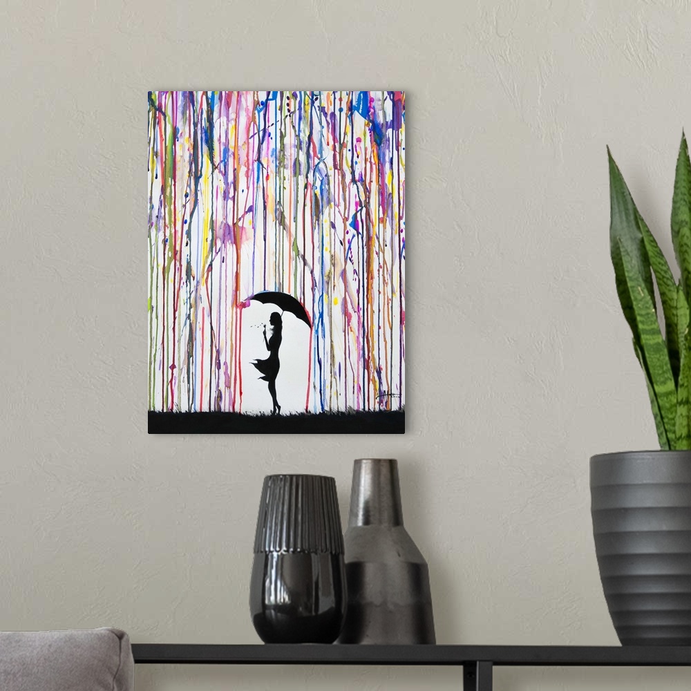 A modern room featuring Watercolor and ink painting of a silhouetted woman with an umbrella under colorful rain.