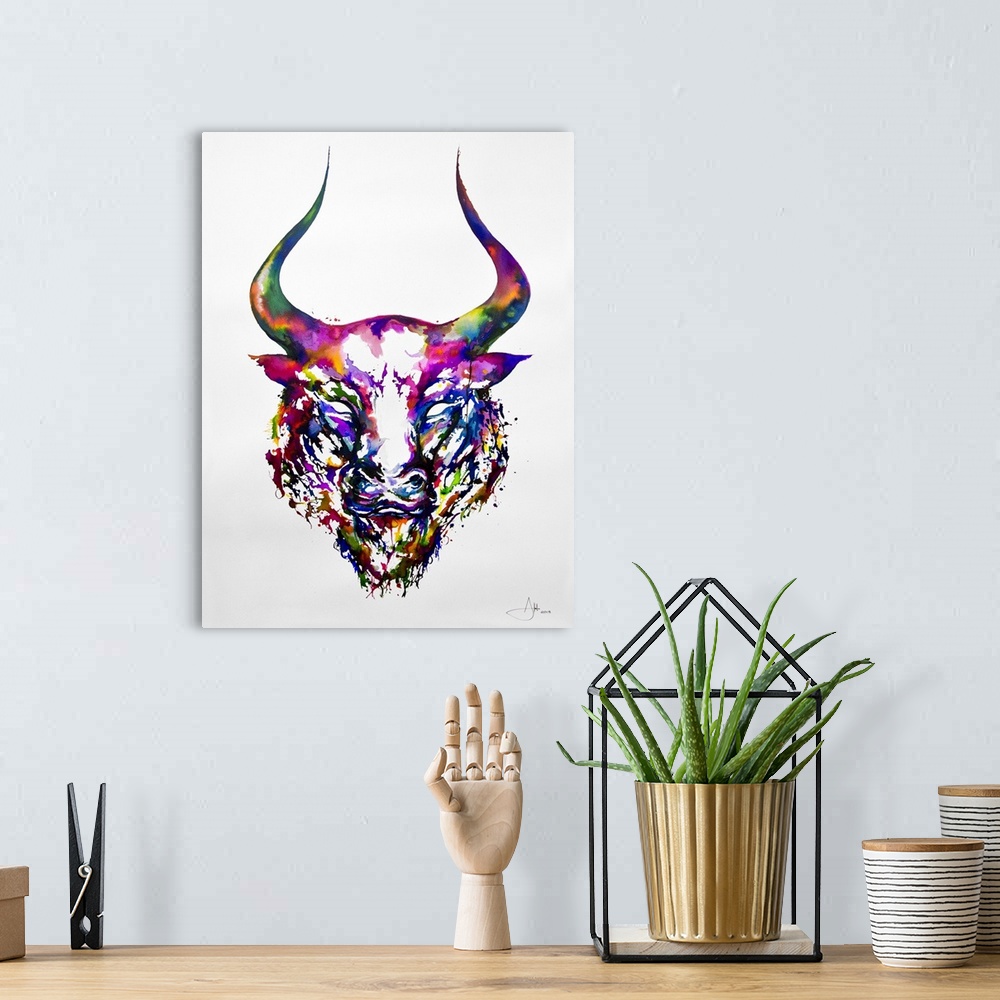 A bohemian room featuring Watercolor and ink painting of the head of a bull with large horns.