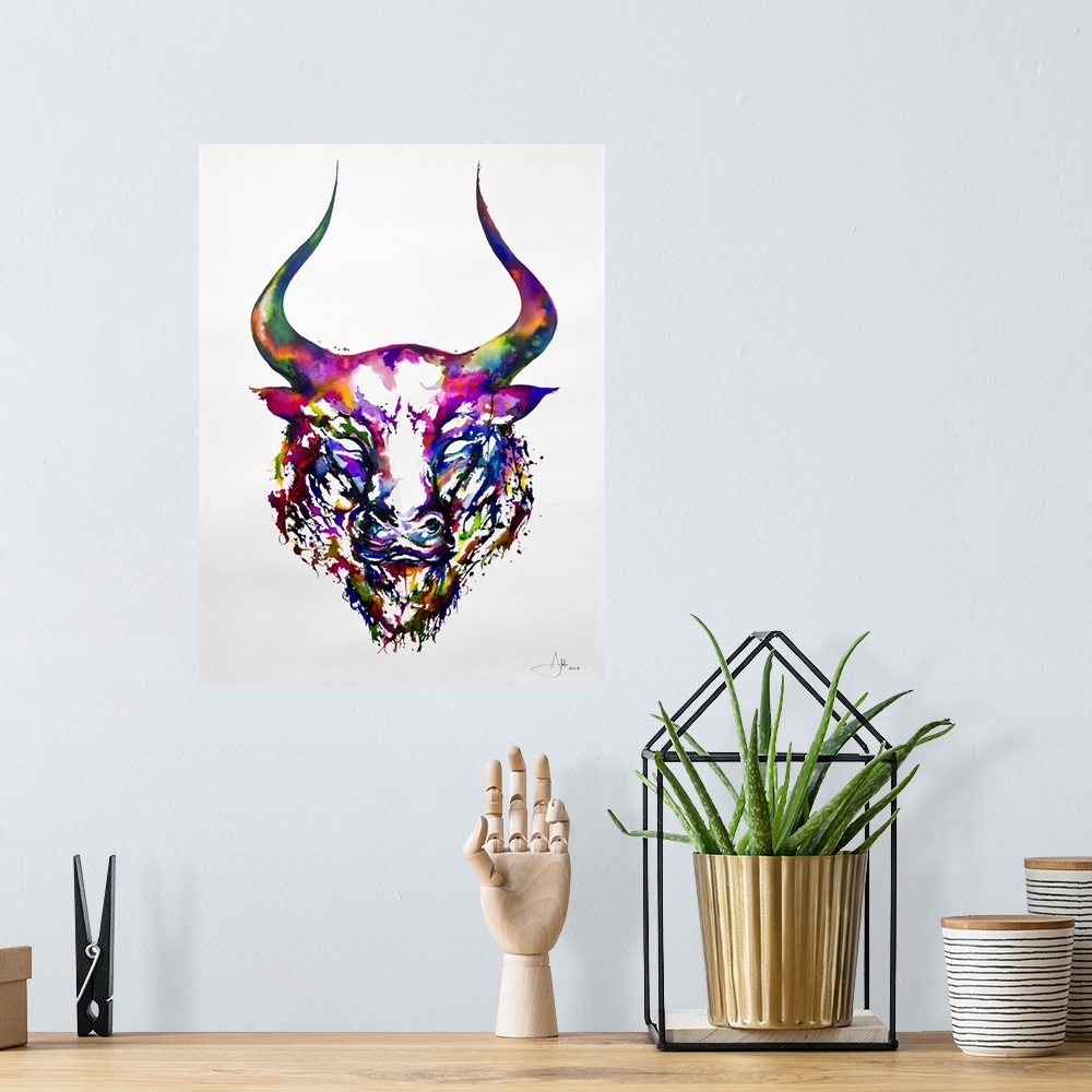 A bohemian room featuring Watercolor and ink painting of the head of a bull with large horns.