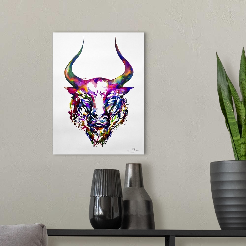 A modern room featuring Watercolor and ink painting of the head of a bull with large horns.