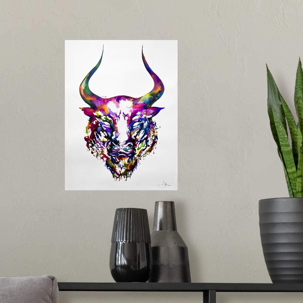 A modern room featuring Watercolor and ink painting of the head of a bull with large horns.