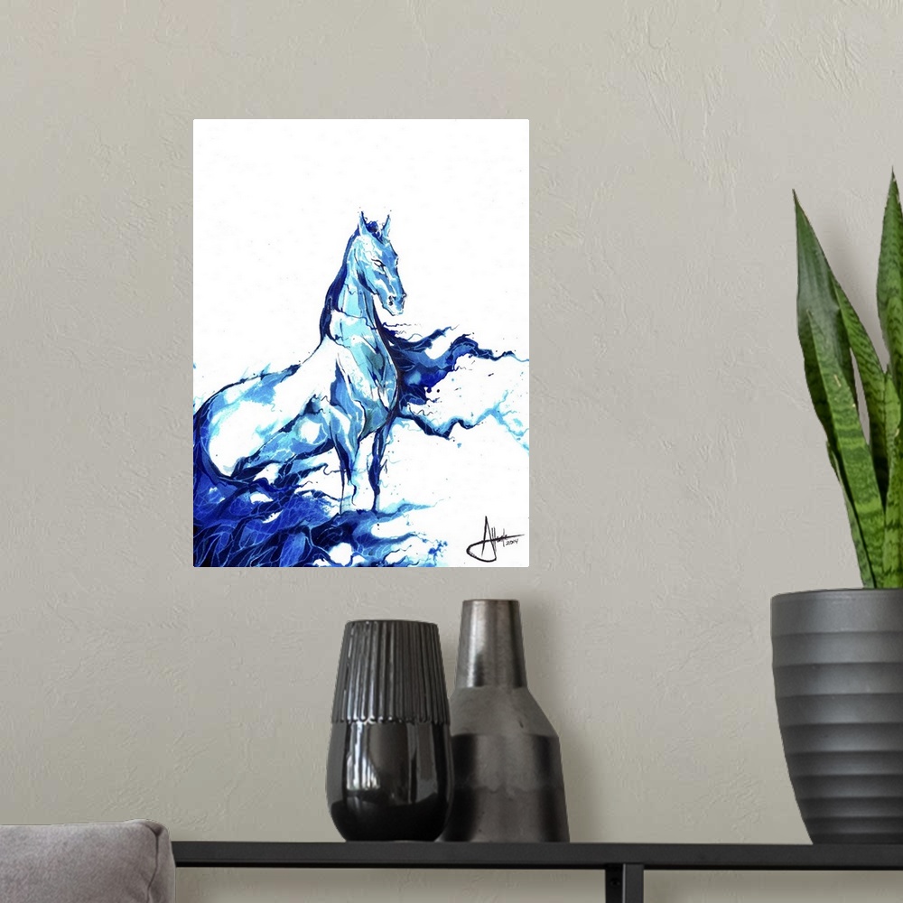 A modern room featuring Watercolor and ink painting of a horse that appears to be made from the sea.