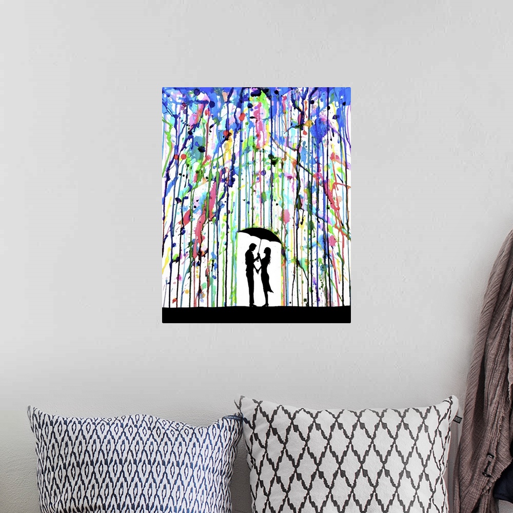 A bohemian room featuring Watercolor and ink painting of a silhouetted couple with an umbrella under colorful rain.