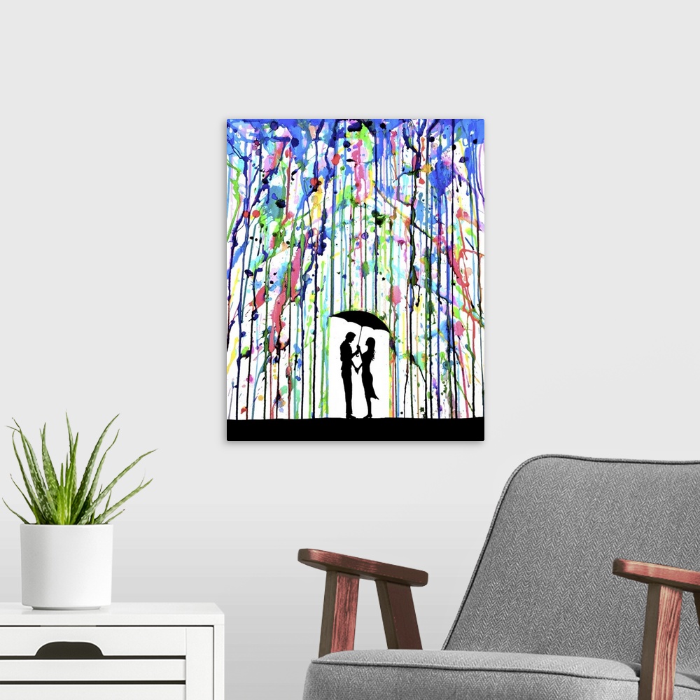 A modern room featuring Watercolor and ink painting of a silhouetted couple with an umbrella under colorful rain.