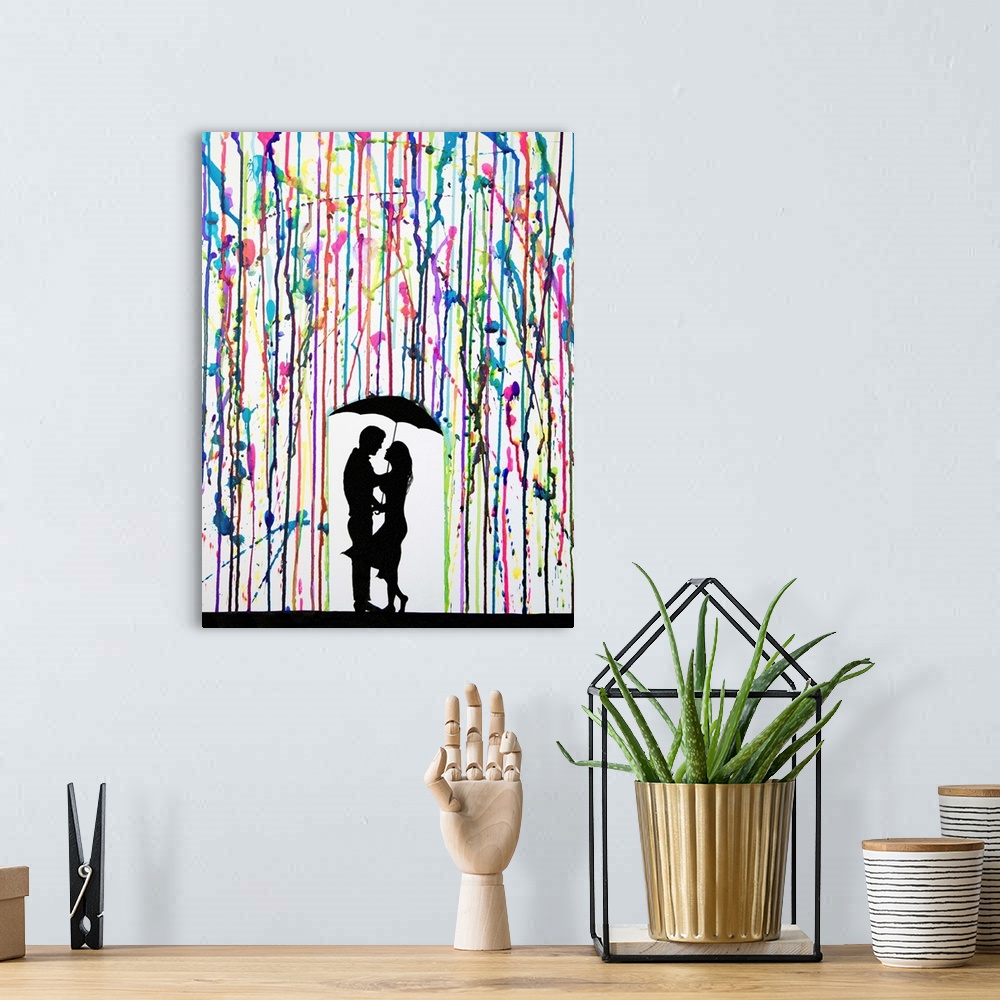 A bohemian room featuring Watercolor and ink painting of a couple standing under an umbrella under colorful rain.