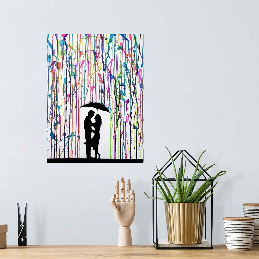 A bohemian room featuring Watercolor and ink painting of a couple standing under an umbrella under colorful rain.