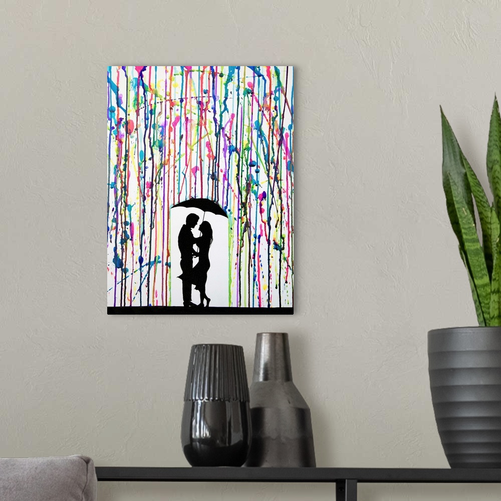 A modern room featuring Watercolor and ink painting of a couple standing under an umbrella under colorful rain.