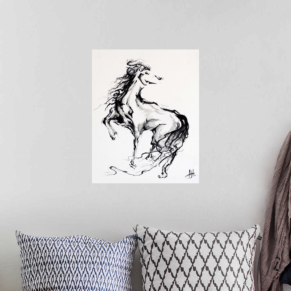 A bohemian room featuring Ink painting of a graceful horse turning around.