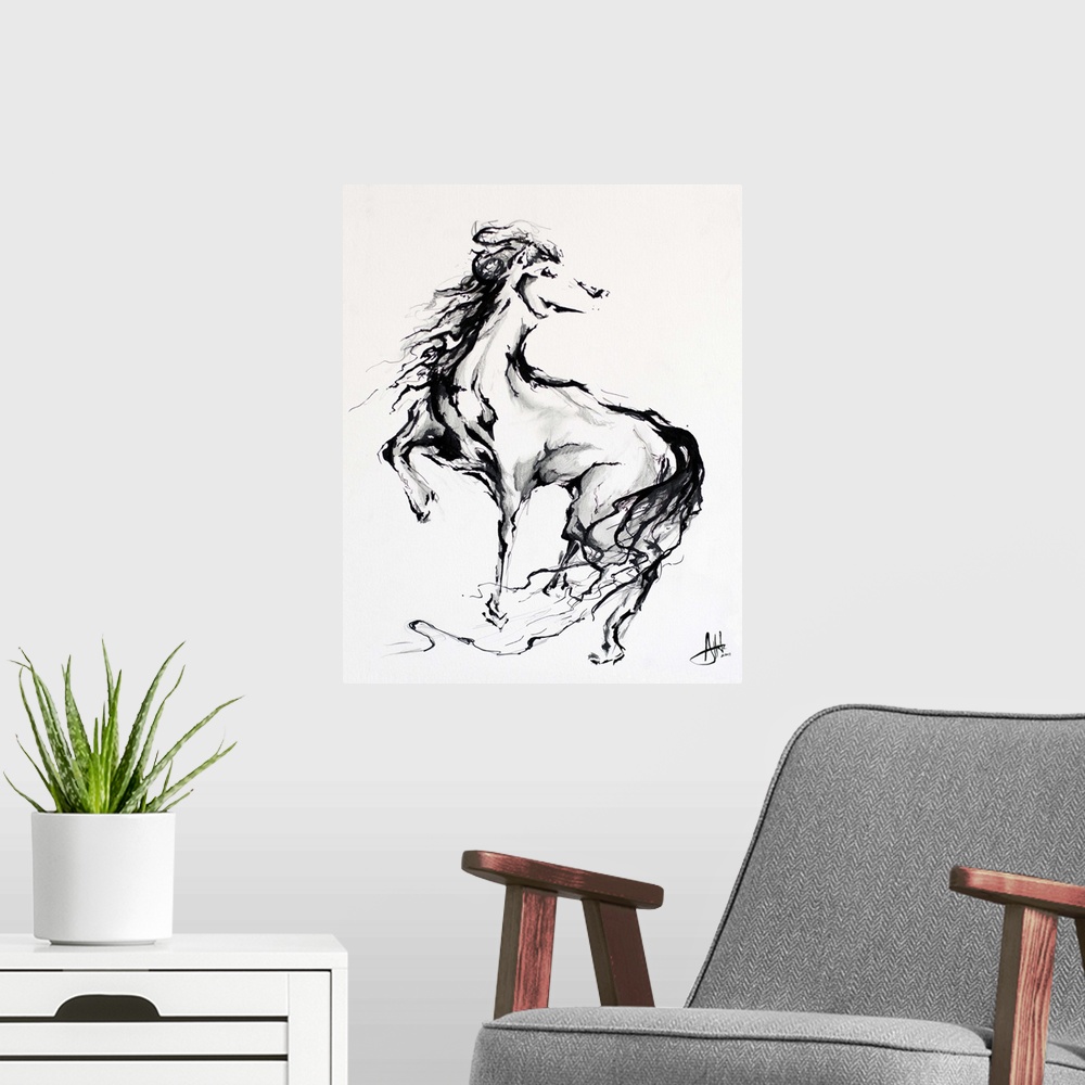 A modern room featuring Ink painting of a graceful horse turning around.