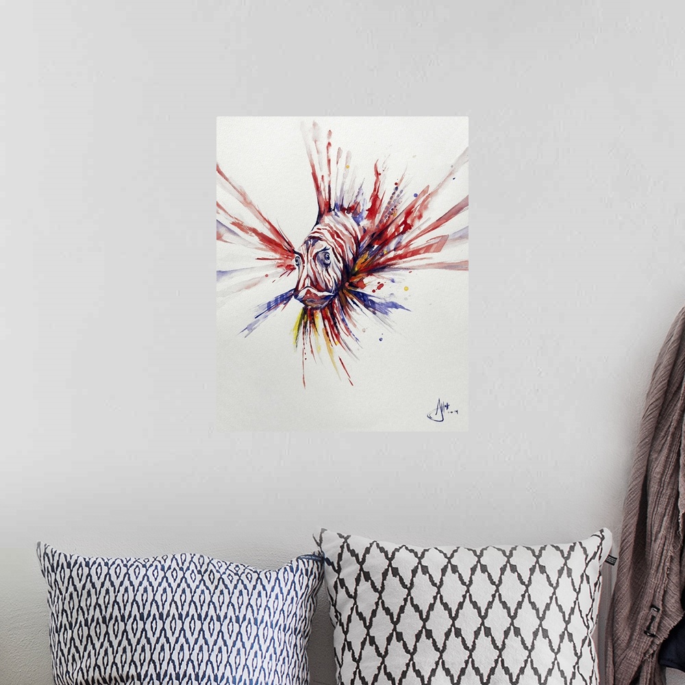 A bohemian room featuring Watercolor and ink painting of a striped  lionfish with large, pointed fins.