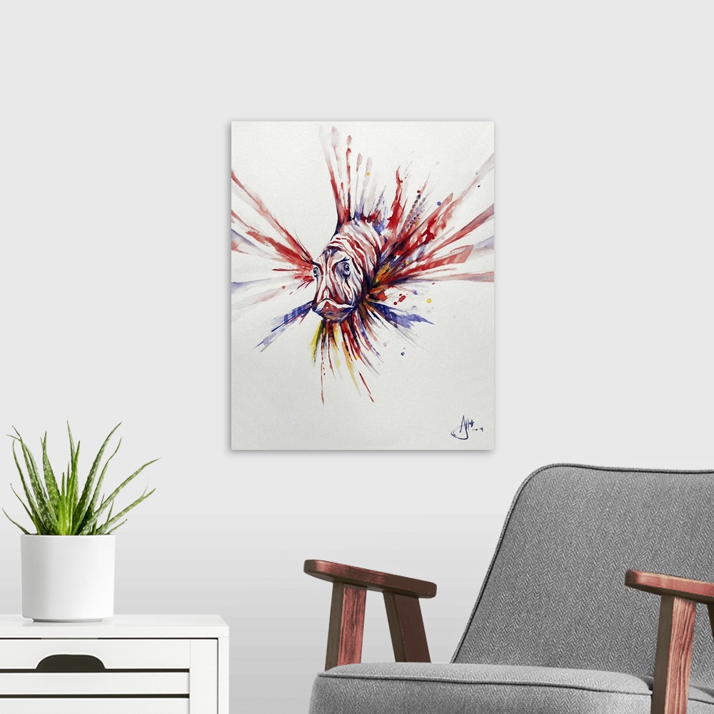 A modern room featuring Watercolor and ink painting of a striped  lionfish with large, pointed fins.