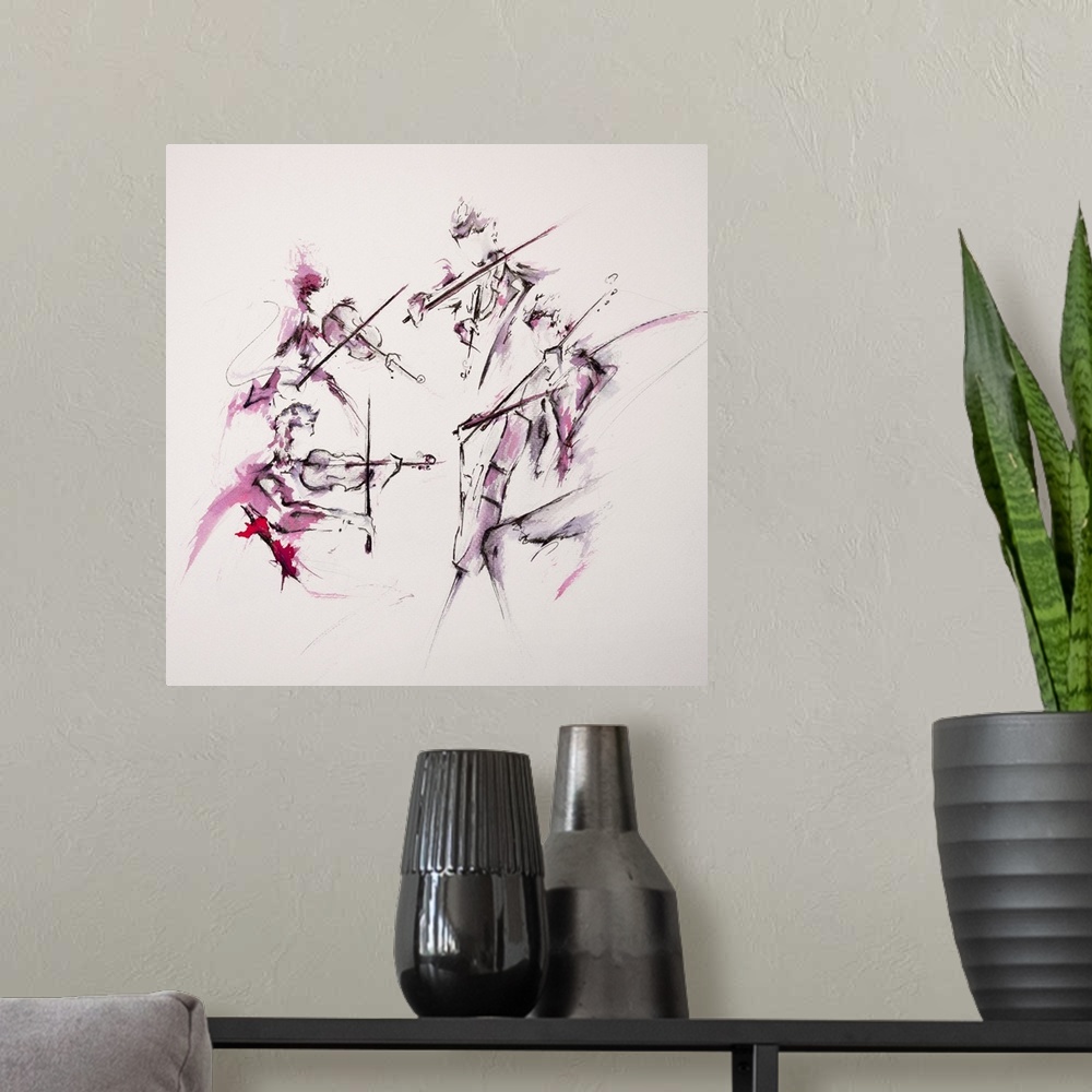 A modern room featuring Watercolor and ink painting of a string quartet playing the violins, viola, and cello.