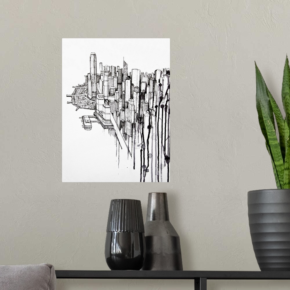 A modern room featuring Ink painting of a city skyline with large skycrapers.