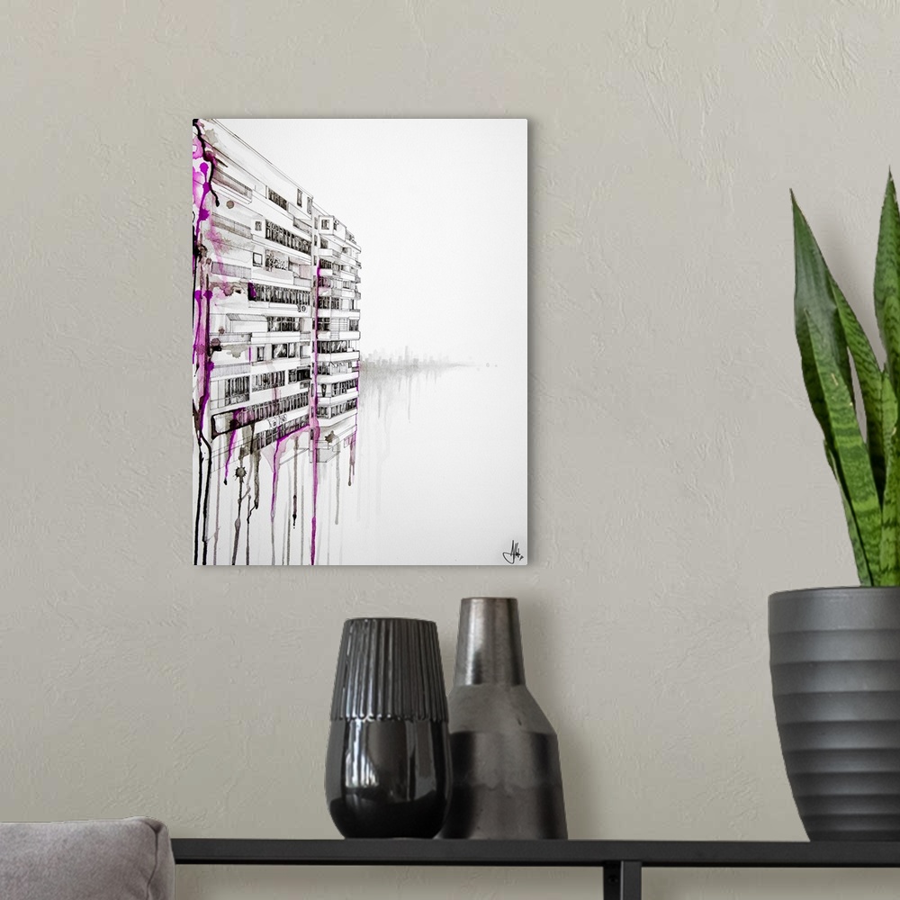 A modern room featuring Watercolor and ink painting of the tops of skyscrapers with pink paint splatters.