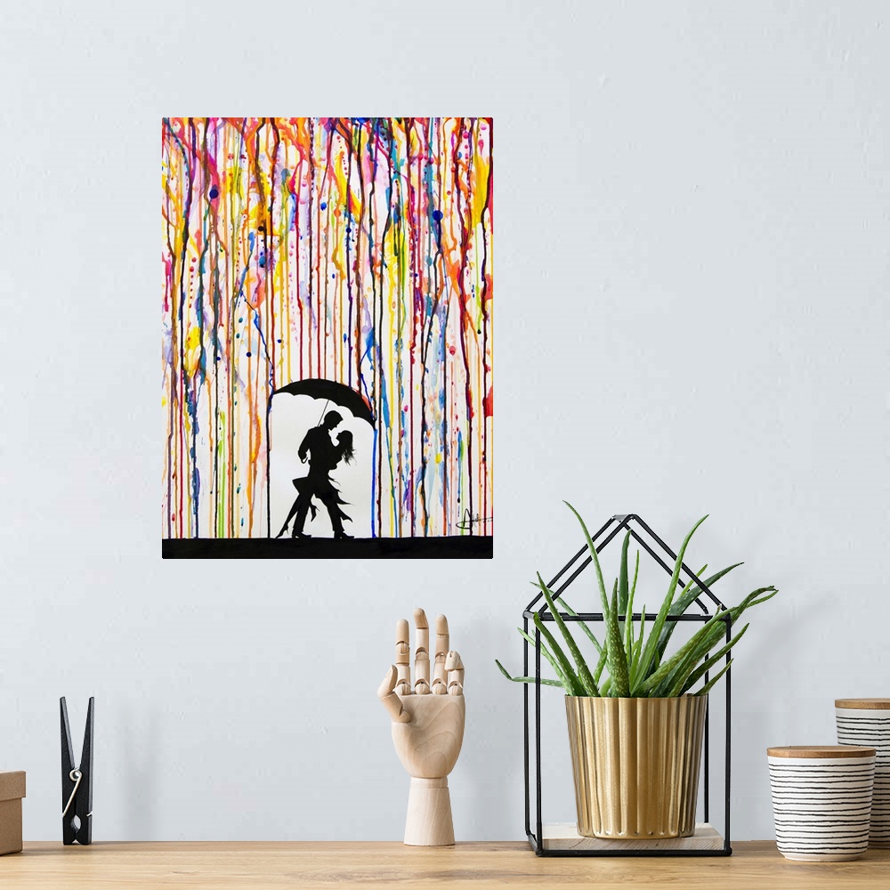 A bohemian room featuring Watercolor and ink painting of a couple dancing under an umbrella under colorful rain.