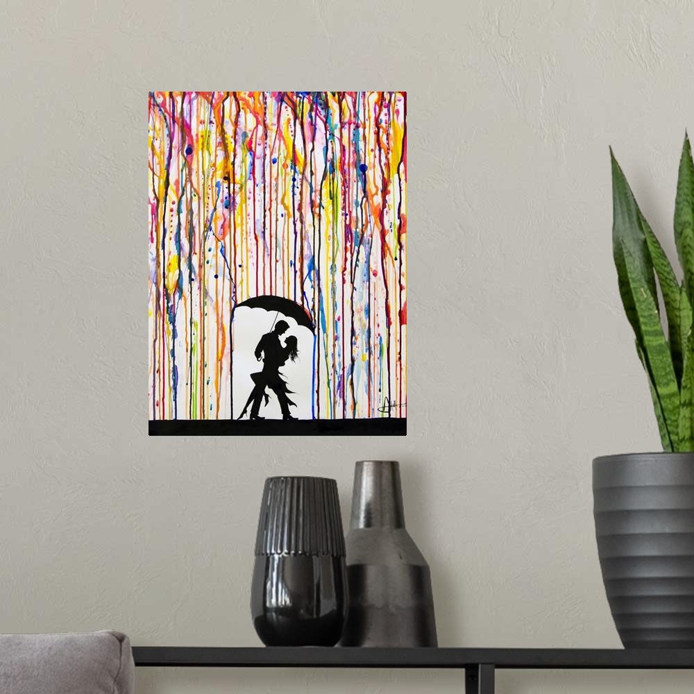 A modern room featuring Watercolor and ink painting of a couple dancing under an umbrella under colorful rain.