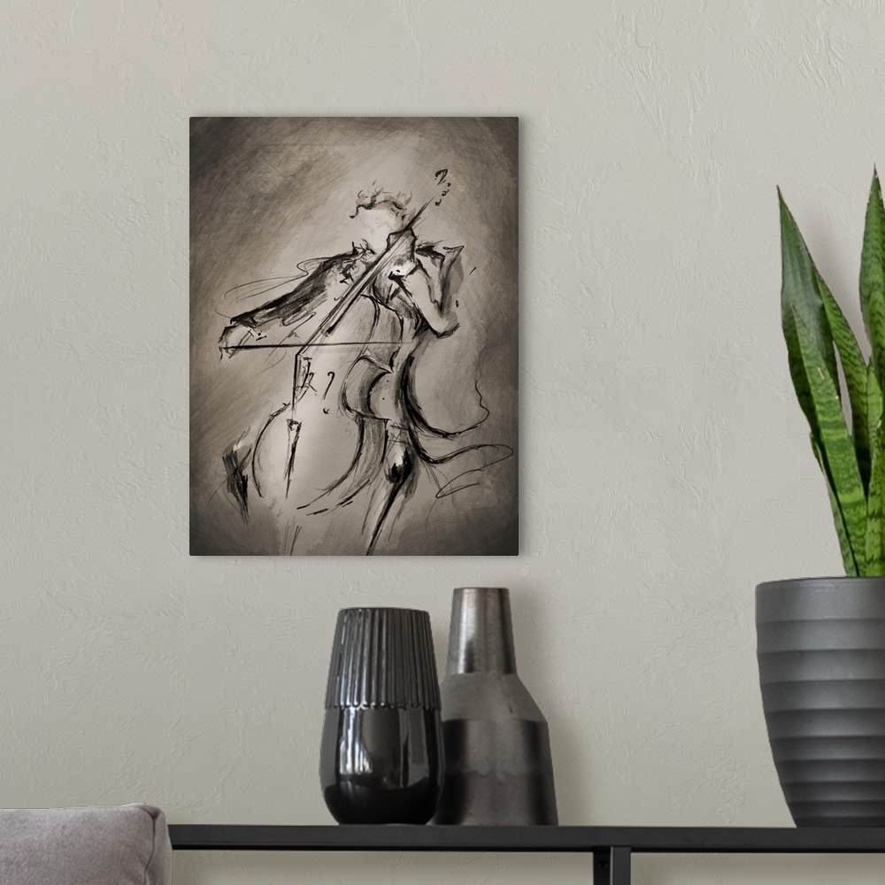 A modern room featuring Ink painting of a man in a tuxedo playing the cello.