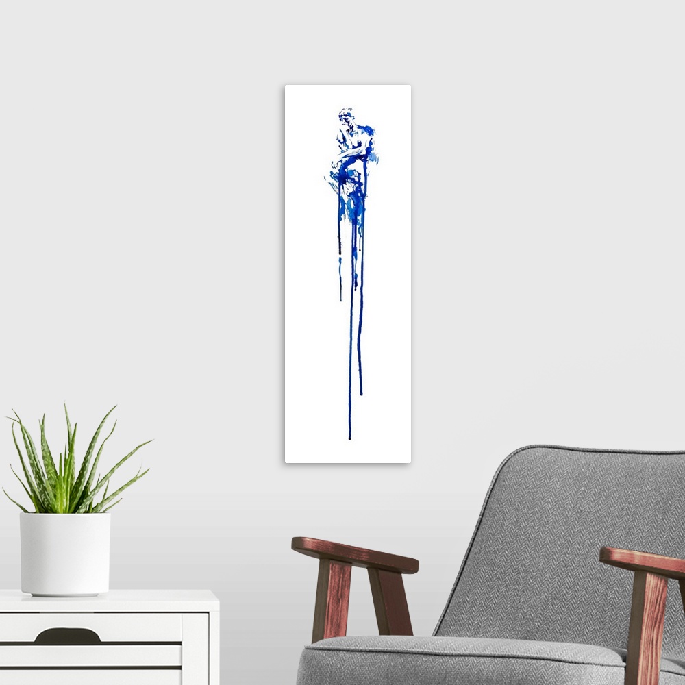 A modern room featuring Watercolor and ink painting of a man in  thought with dripping paint.