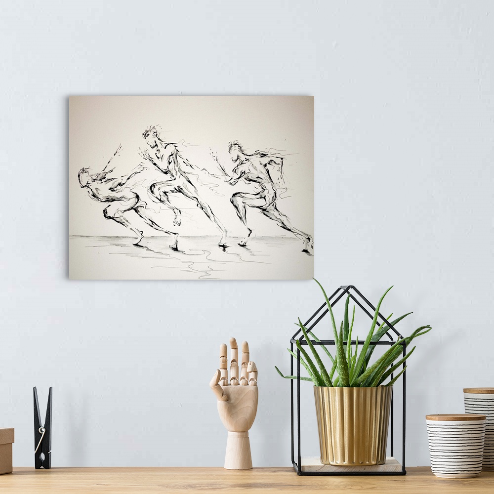 A bohemian room featuring Ink painting of three runners at the beginning of a race, each in a different position.