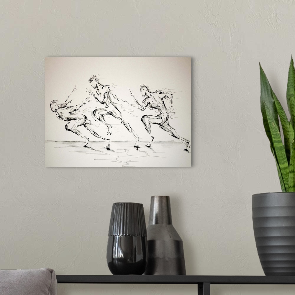 A modern room featuring Ink painting of three runners at the beginning of a race, each in a different position.