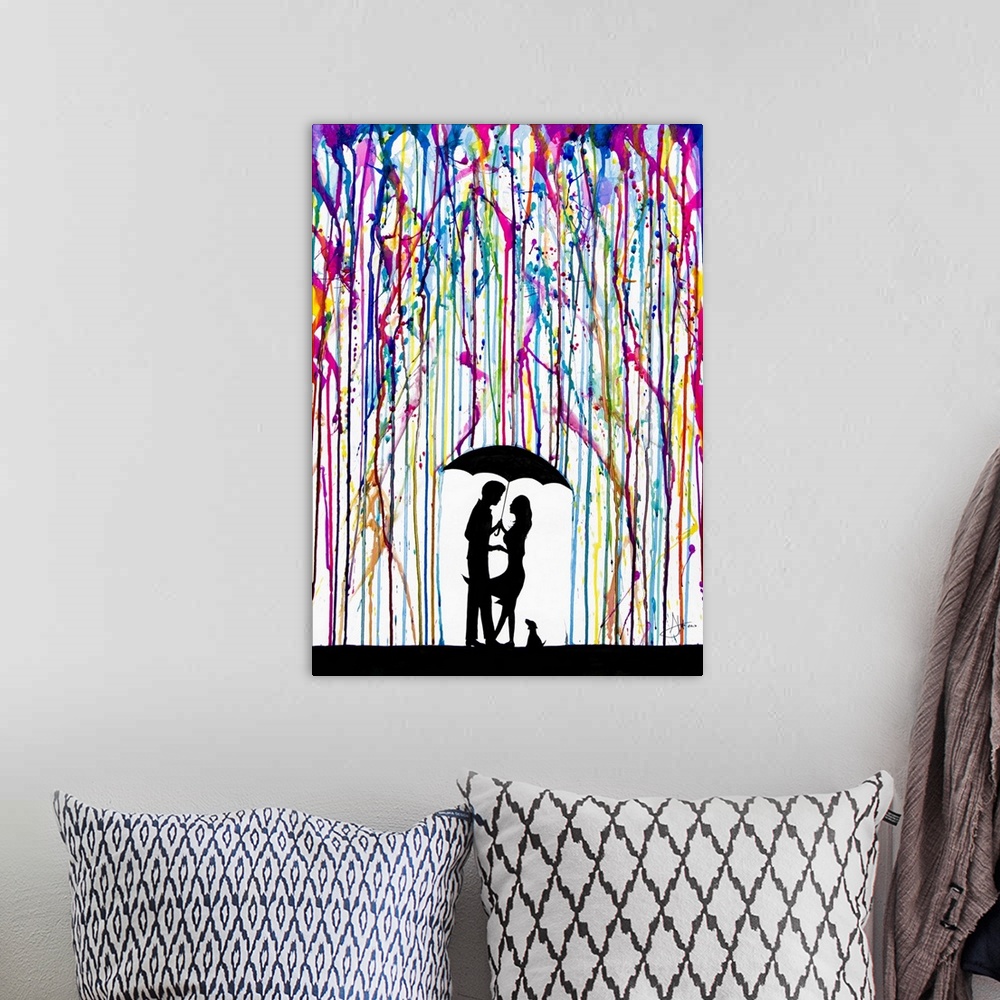 A bohemian room featuring Watercolor and ink painting of a couple and a dog under an umbrella under colorful rain.
