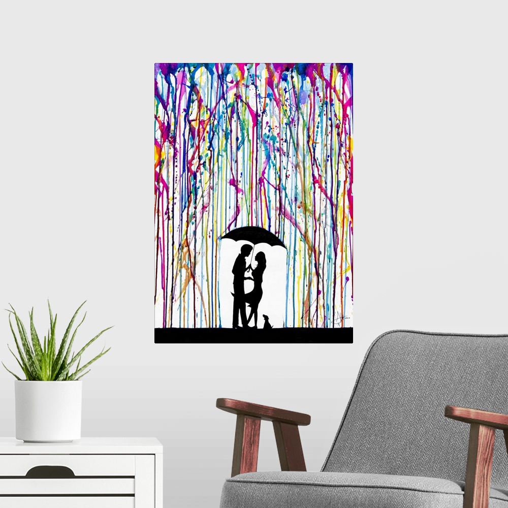 A modern room featuring Watercolor and ink painting of a couple and a dog under an umbrella under colorful rain.