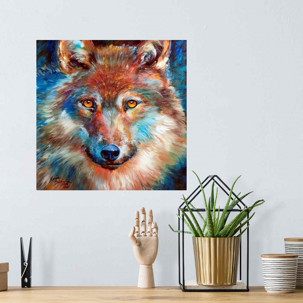 A bohemian room featuring Square painting of a colorful wolf made with intricate brushstrokes.