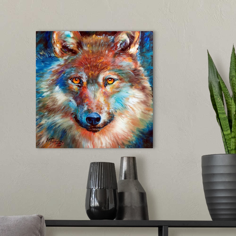 A modern room featuring Square painting of a colorful wolf made with intricate brushstrokes.