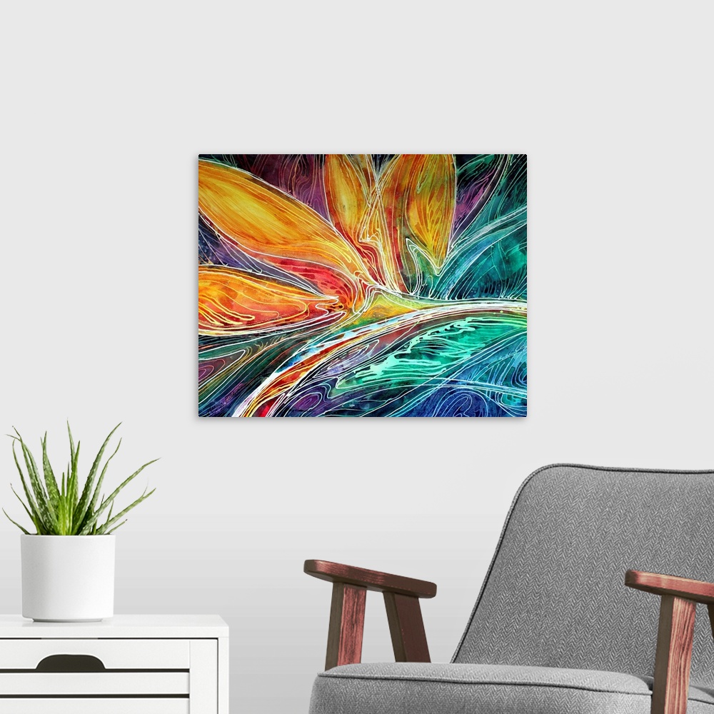 A modern room featuring Contemporary painting with an abstract design and batik style in blue, green, purple, orange, yel...