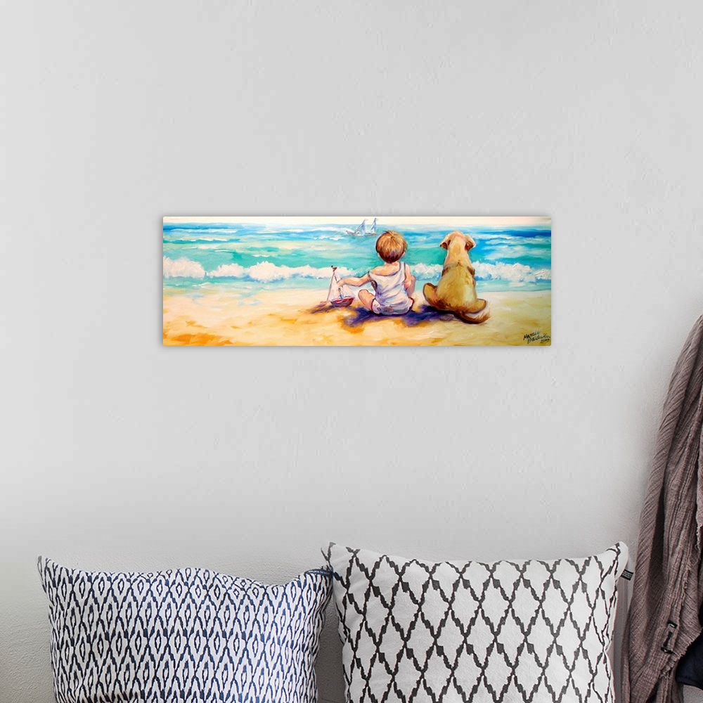 A bohemian room featuring This sweet painting of a little boy and his best friend, his dog, sitting and watching a sail boa...