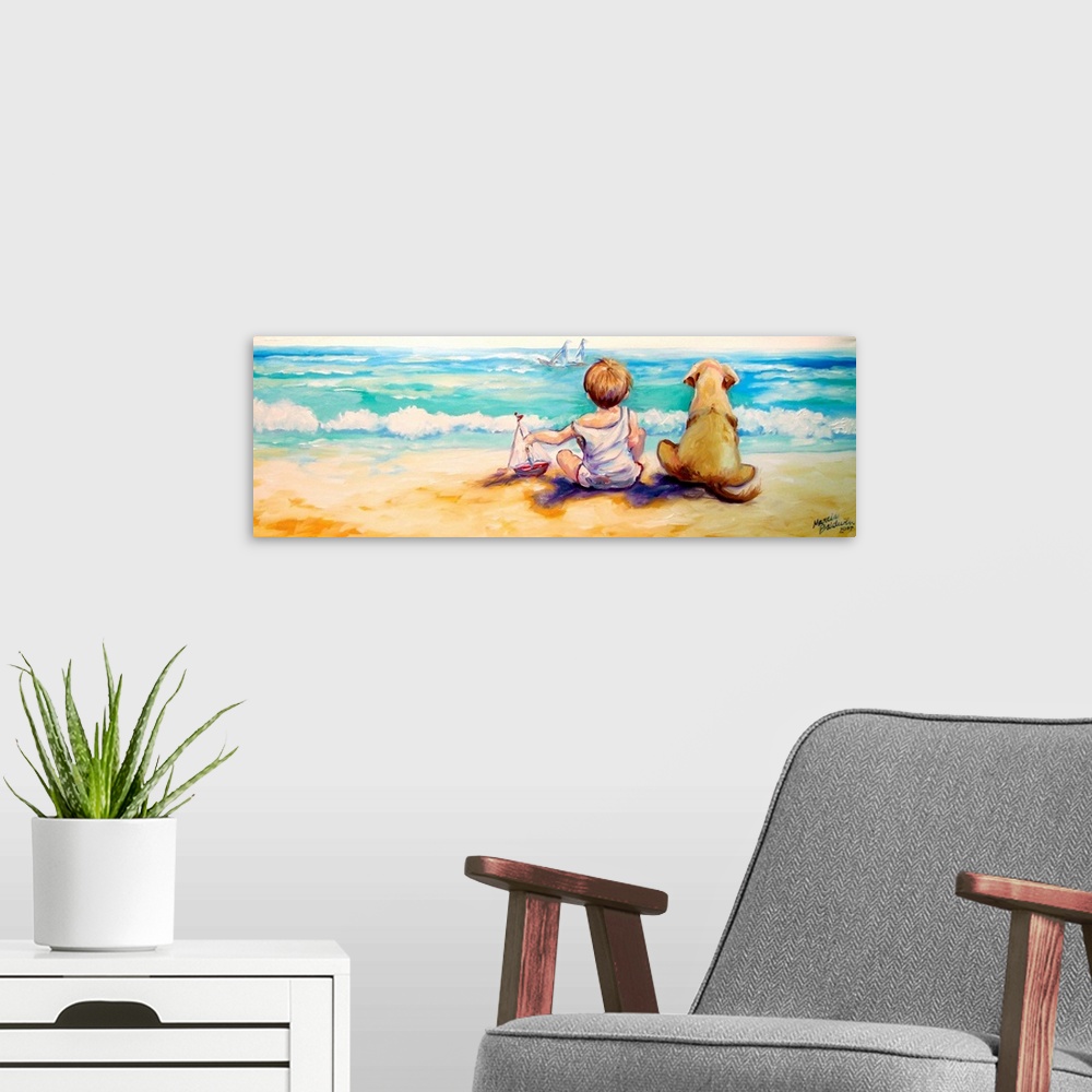 A modern room featuring This sweet painting of a little boy and his best friend, his dog, sitting and watching a sail boa...