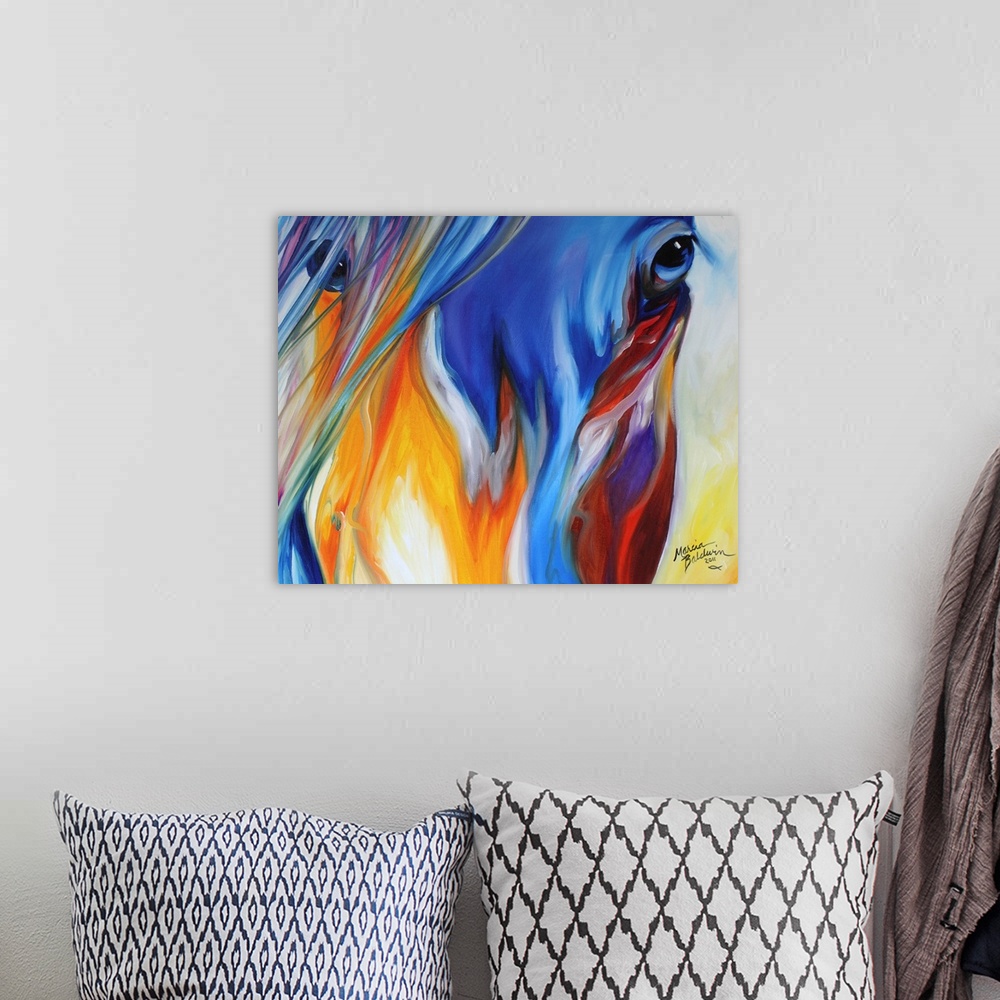 A bohemian room featuring Close-up abstract painting of a colorful horse face with bright blue eyes.