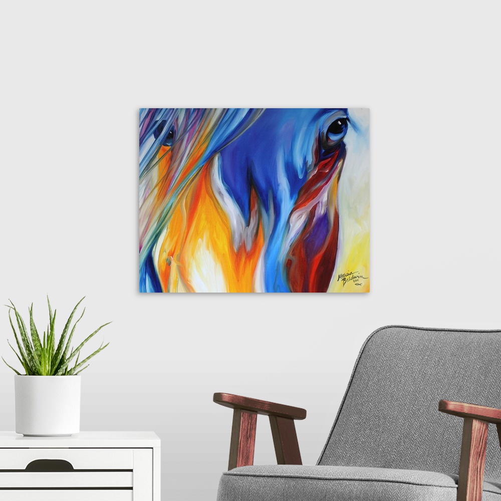A modern room featuring Close-up abstract painting of a colorful horse face with bright blue eyes.