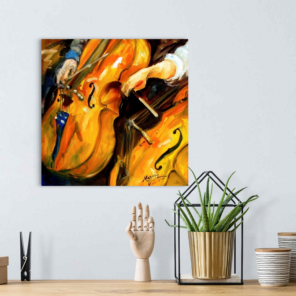 A bohemian room featuring Contemporary square painting of cellos in concert.