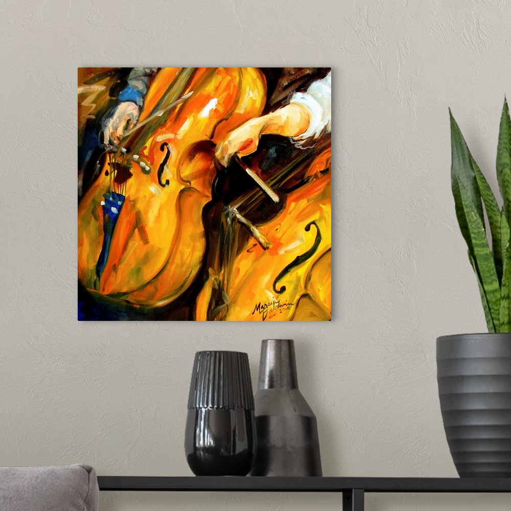 A modern room featuring Contemporary square painting of cellos in concert.