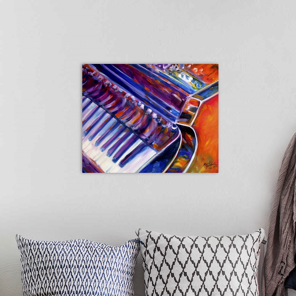 A bohemian room featuring Square abstract painting of the grand piano created with blue, purple, orange, and red hues.