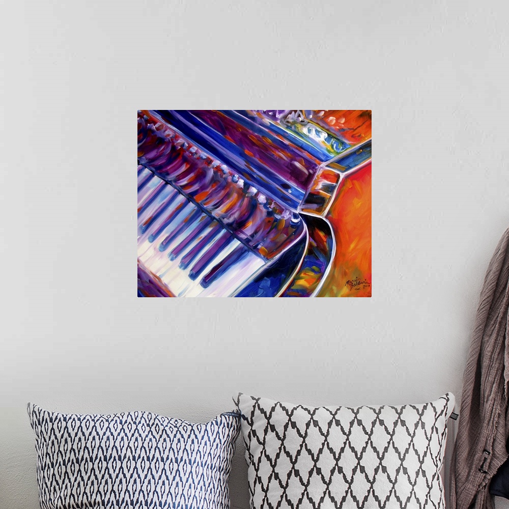 A bohemian room featuring Square abstract painting of the grand piano created with blue, purple, orange, and red hues.