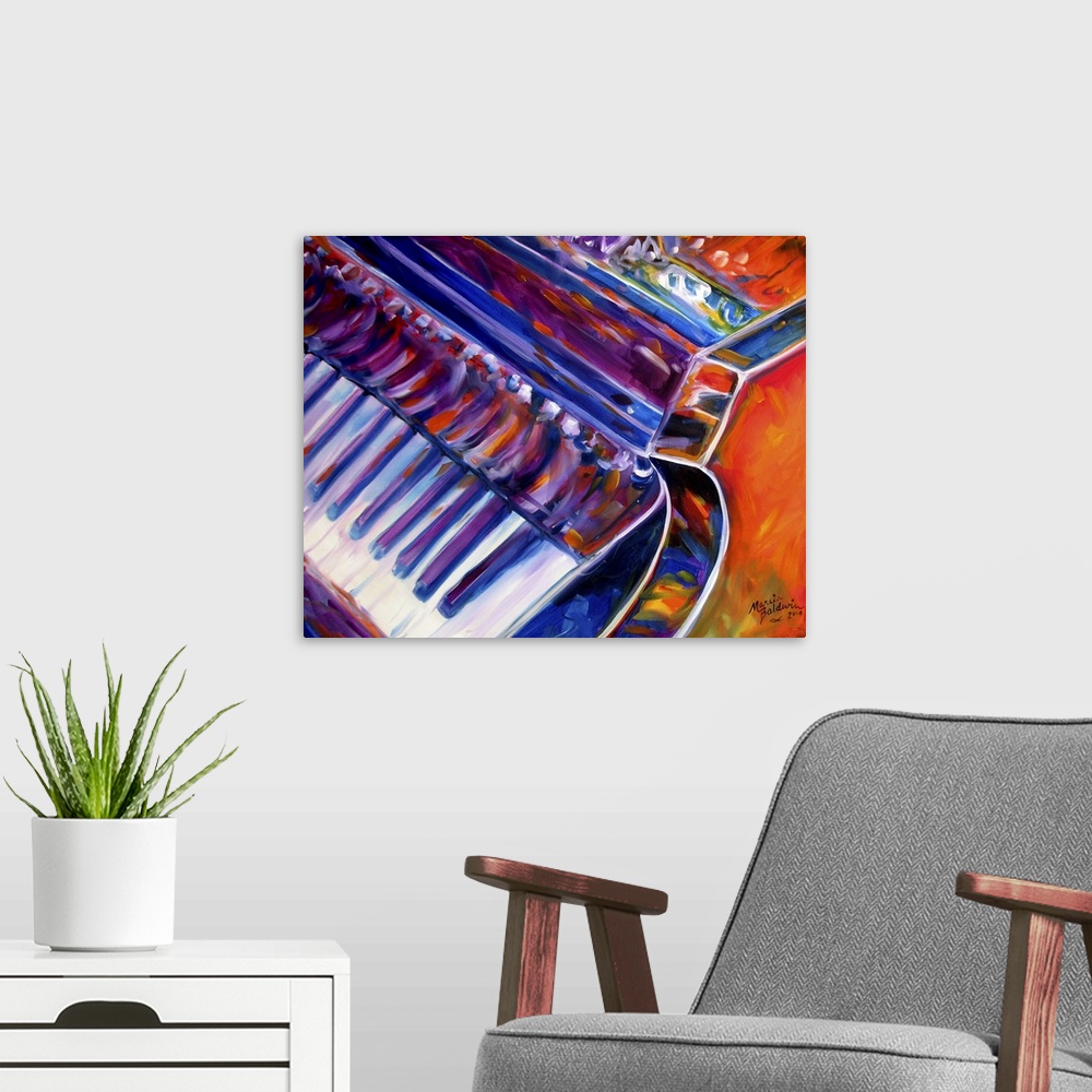A modern room featuring Square abstract painting of the grand piano created with blue, purple, orange, and red hues.