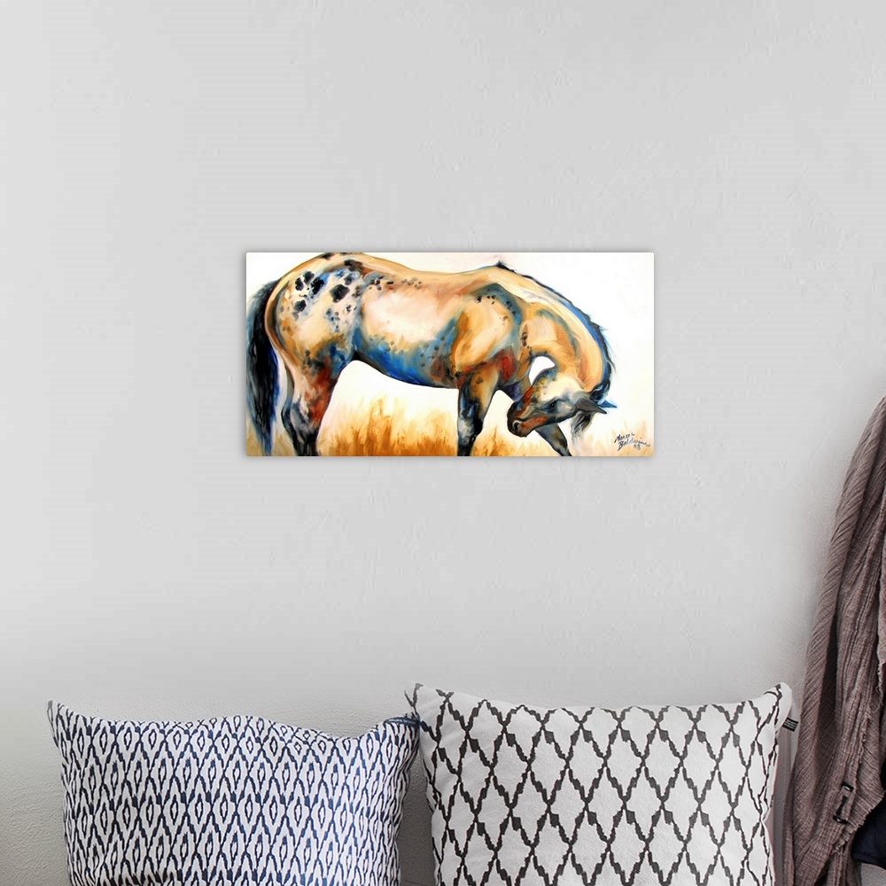 A bohemian room featuring Contemporary painting of an Appaloosa horse bowing in shades of orange, red, black, and blue.