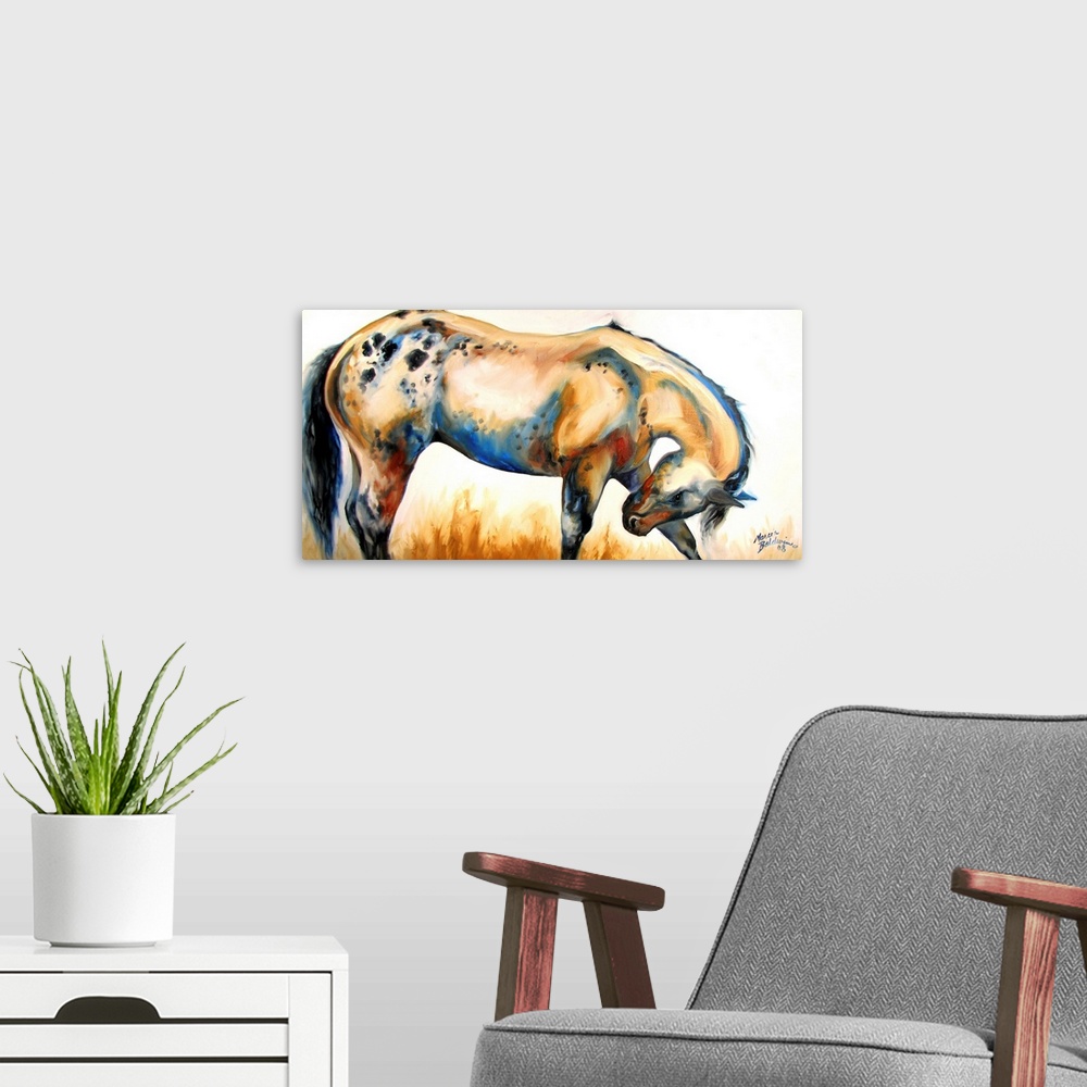 A modern room featuring Contemporary painting of an Appaloosa horse bowing in shades of orange, red, black, and blue.