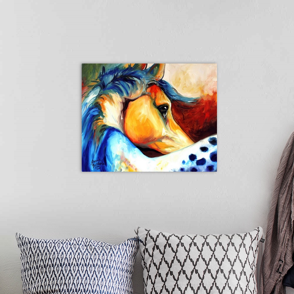 A bohemian room featuring Contemporary painting of a colorful curved Appaloosa horse.