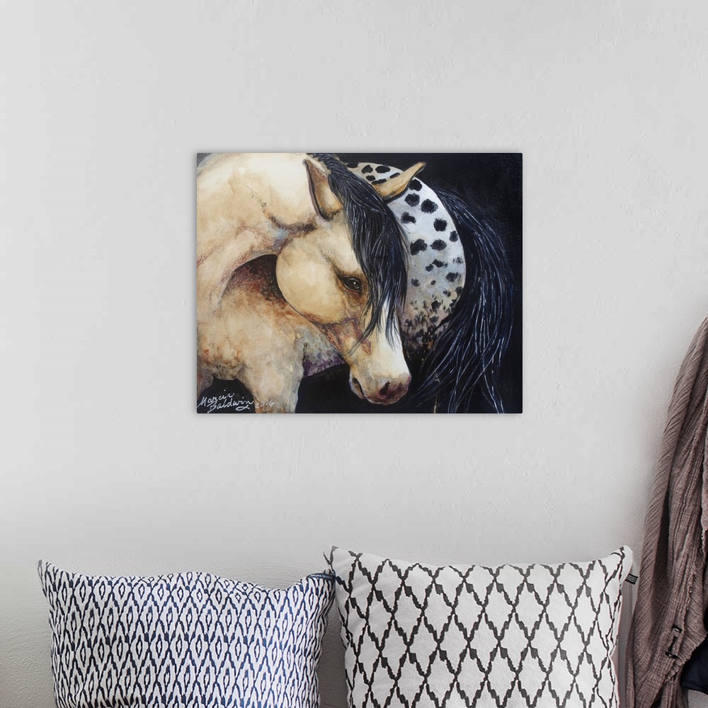 A bohemian room featuring Watercolor painting depicting the docile noble spirit of the Appaloosa horse.