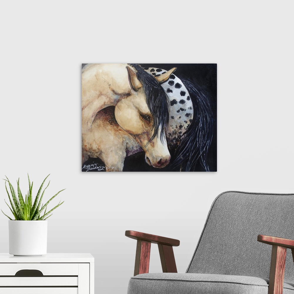 A modern room featuring Watercolor painting depicting the docile noble spirit of the Appaloosa horse.