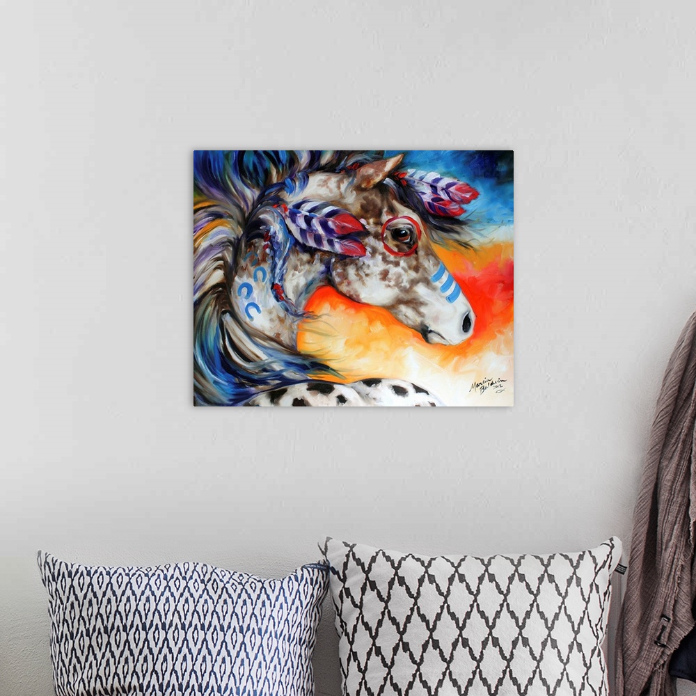 A bohemian room featuring Contemporary painting of an Appaloosa Indian War Horse with blue and red body paint and feathers ...