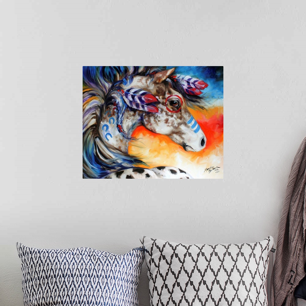 A bohemian room featuring Contemporary painting of an Appaloosa Indian War Horse with blue and red body paint and feathers ...