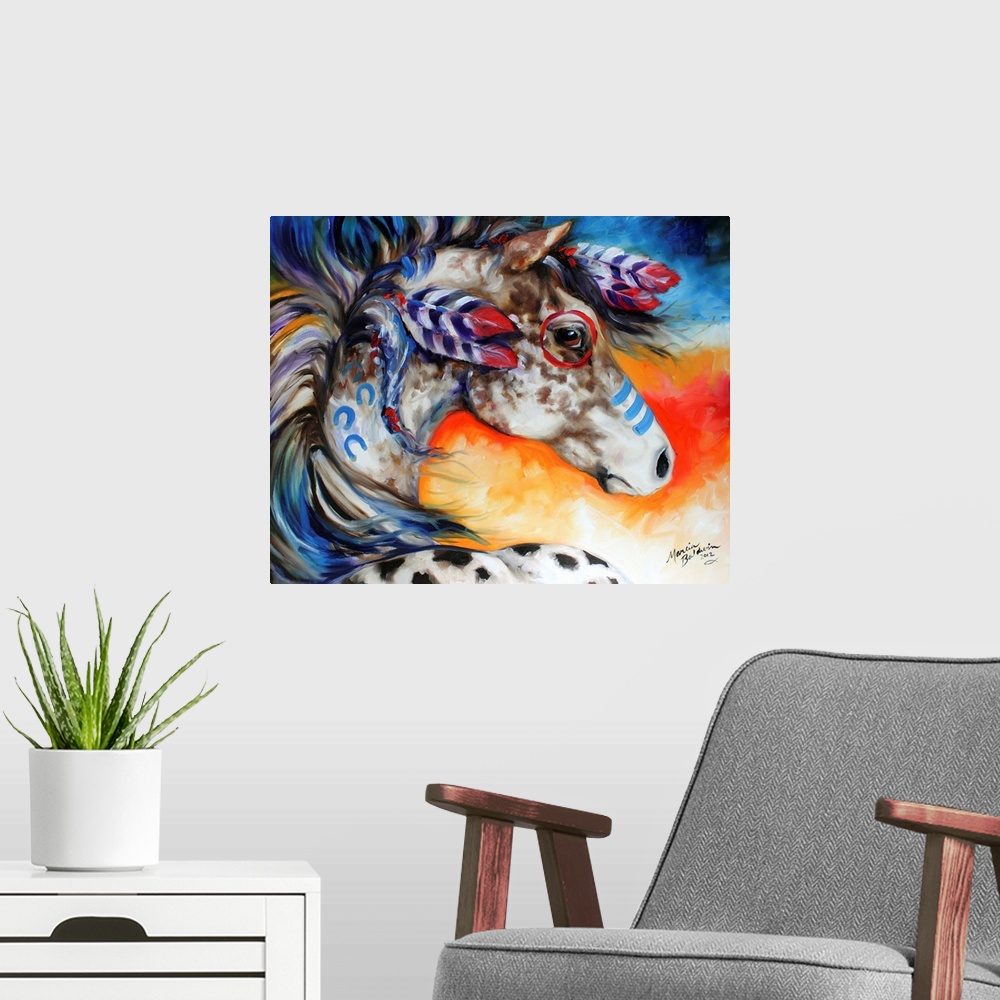 A modern room featuring Contemporary painting of an Appaloosa Indian War Horse with blue and red body paint and feathers ...
