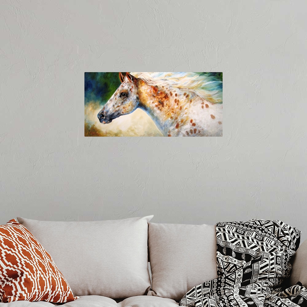A bohemian room featuring Contemporary painting of an Appaloosa  horse with white and brown markings on a colorful backgrou...